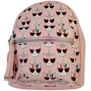 Girls Pink Mini Backpack Unicorn w/ Heart Sunglasses, Glitter Print, Tassel